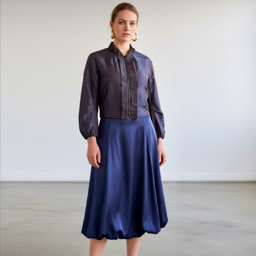 Cropped Metallic Bomber Jacket - Navy